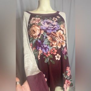 Oddi size small long sleeve top beige w floral print and patches on elbows